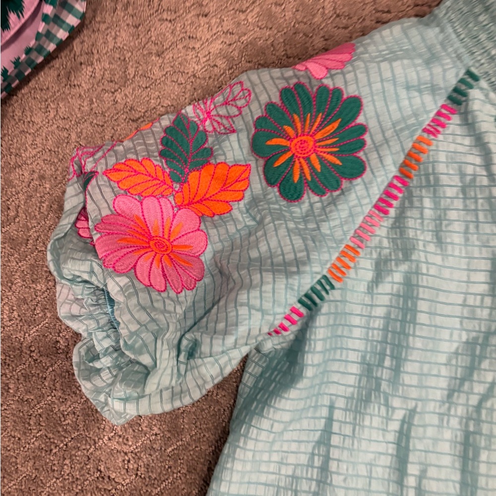 THML Aqua Peasant Top with Pink & Orange Floral Sleeves - Picture 4 of 8